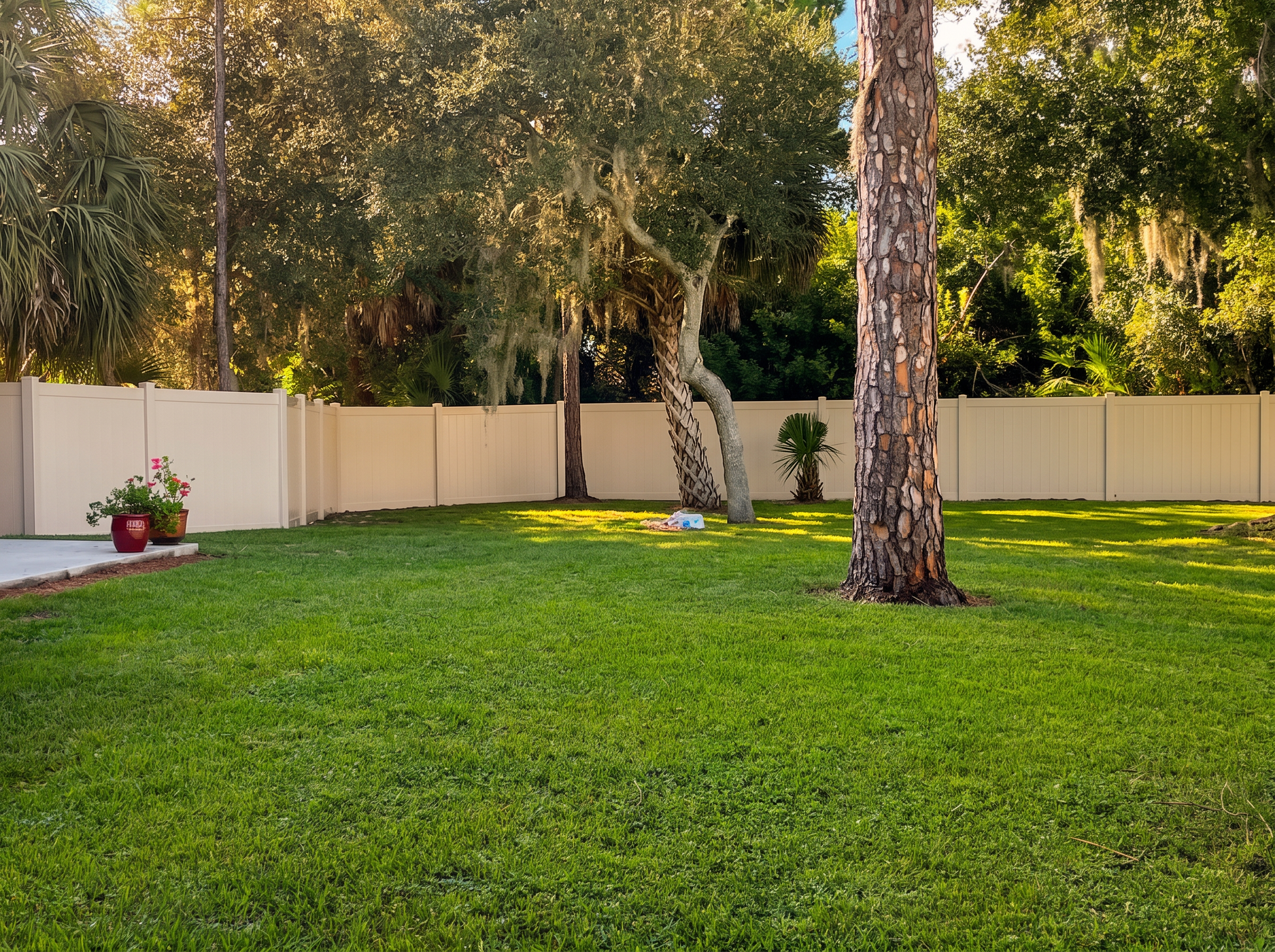 Tan vinyl privacy fence along a residential yard